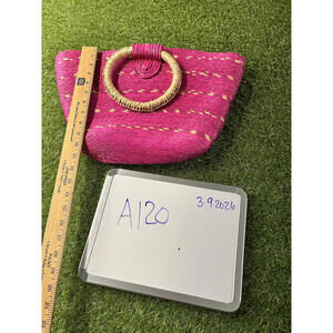 Pink Straw Handbag with Circular Handles Beach Coastal Summer Spring